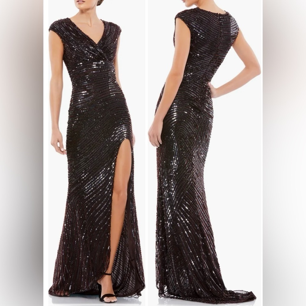 NWOT Mac Duggal Brown Sequin Embellished Cap Sleeve Trumpet Gown sz 4